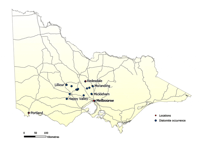 Map of Victoria showing diatomite occurrences. There are about a dozen occurrences to the north west of Melbourne in an area surrounded by Happy Valley, Lillicur, Redesdale, Moranding, Mickleham. There is also an occurrence near Portland.