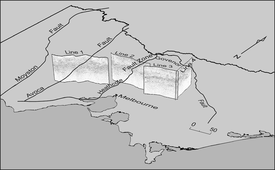 An oblique view of the four seismic lines acquired across central Victoria during the 2006 Deep crustal reflection seismic survey - equivalent, in effect, to an 'ultrasound' scan more than 40km deep across the belly of the state