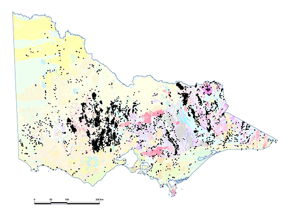 Map showing metal occurrences in Victoria. Most metals are associated with gold. Major fields are in central western Victoria between Ballarat, Bendigo and St Arnaud. Additional goldfields are at Stawell and Ararat (western Victoria), between Woods Point and Walhalla (south east Victoria) and in the Beechworth, Rutherglen, Chiltern and Omeo regions in north east Victoria. There is a sparse scattering of other metals across the state of various ages and affinities related to intrusive rocks and sedimentary basins.