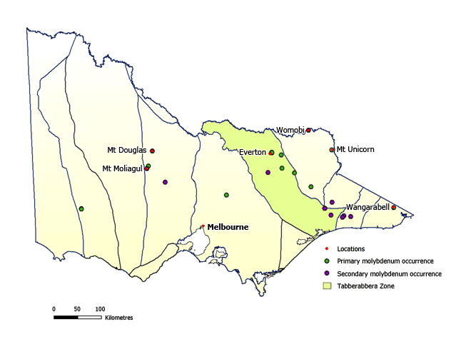 Map of Victoria showing primary molybdenum occurrences in the north east of the state. Secondary occurrences are generally in the east.