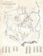 An old map of the area around Castlemaine showing surrounding townships, geological features, waterways and mining sites