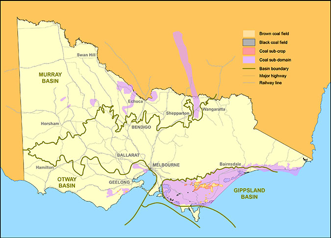 Map of Victoria showing where brown coal deposits can be found in the Otway Basin (mainly within the Bacchus Marsh, Altona and the Anglesea coalfields) and across the Murray Basin.