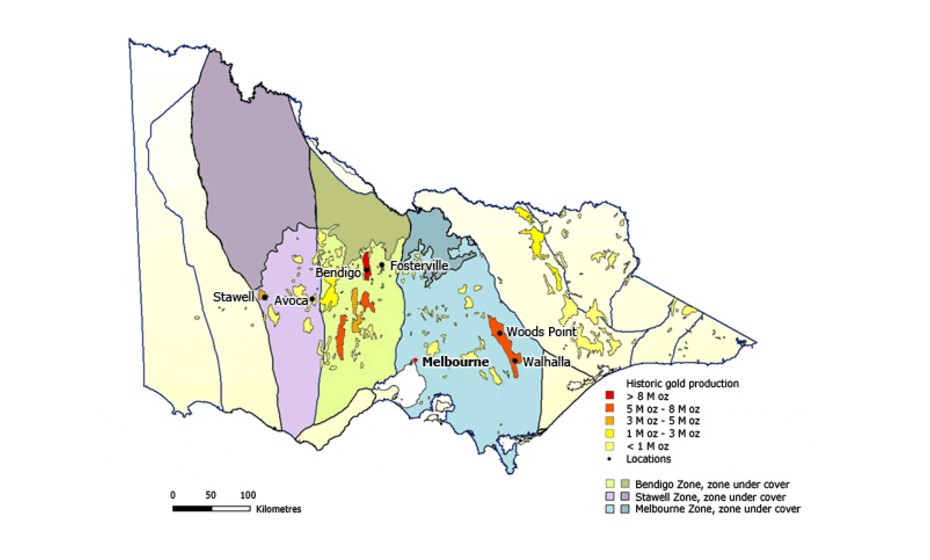 Map of historic gold production in Victoria, with majority of large amounts of production around Bendigo, Ballarat, Woods Point and Walhalla