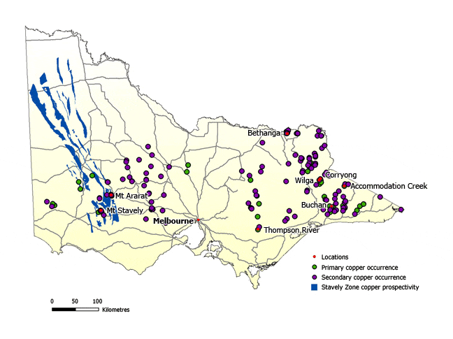 Map of Victoria showing primary and secondary copper occurrences mainly in the state's east and north.