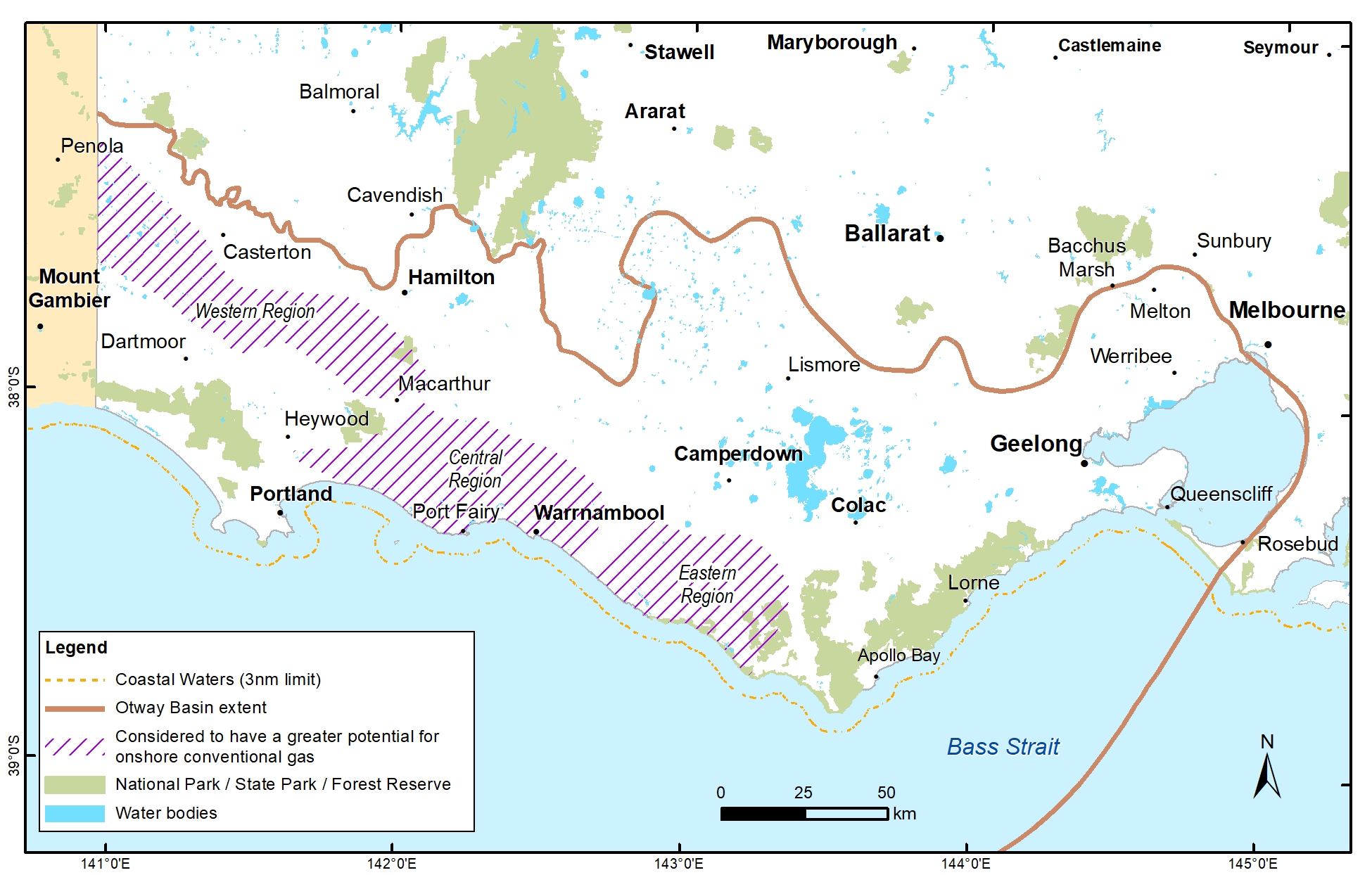 This map shows areas with some level of potential for hosting onshore conventional gas in the Otway Basin