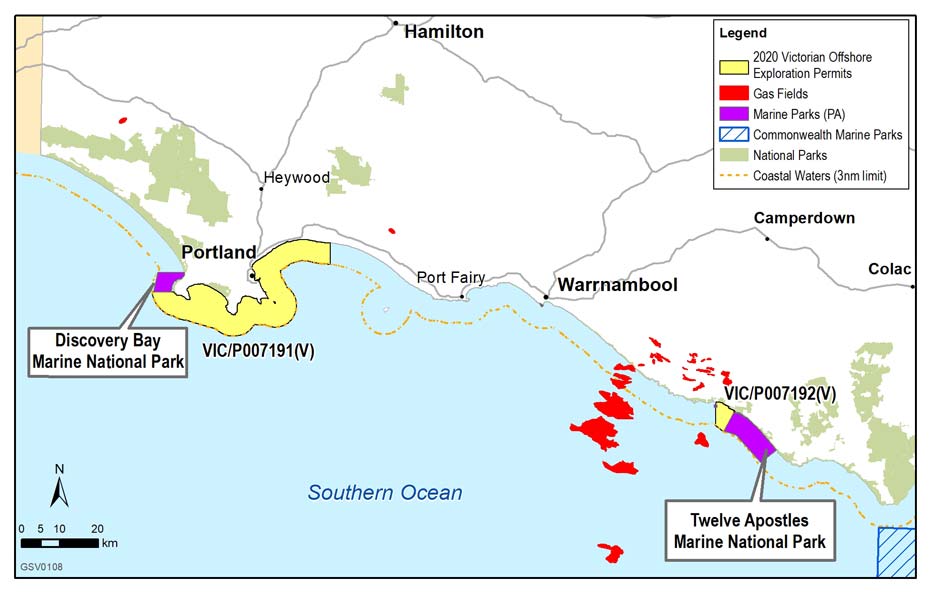 Map of Victoria showing the location of the offshore exploration permits in the Otway Basin. They are located along the coast alongside Portland, Port fairy and Warrnambool.