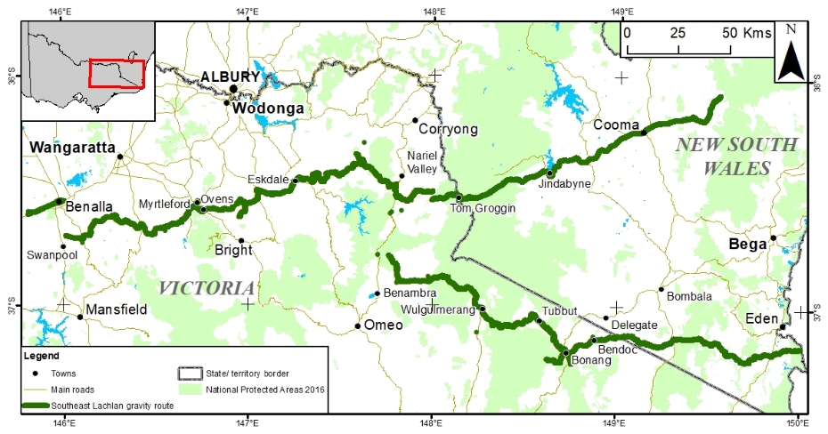 Map showing gravity survey locations in Victoria and New South Wales.