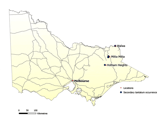 Map of Victoria showing secondary tantalum occurrences in the north east of the state near Walwa, Mitta Mitta and Hotham Heights.
