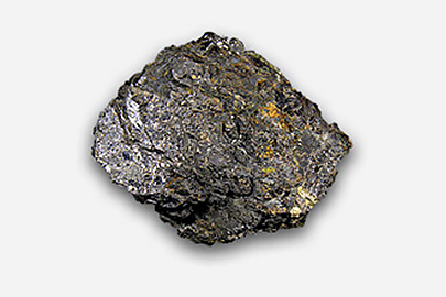 A zinc fragment. It is dark grey in colour with golden specks.
