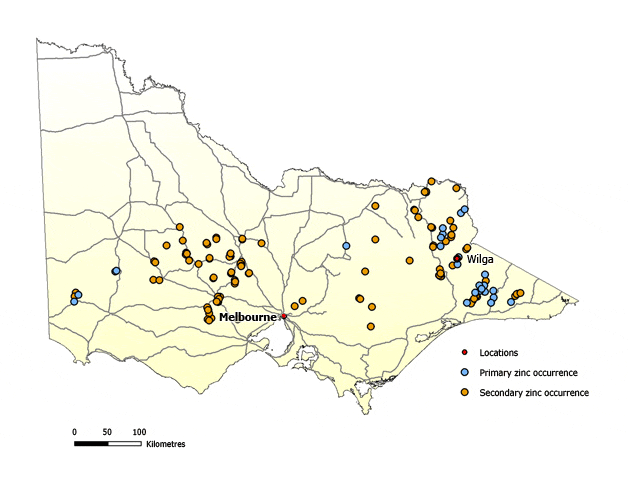 Map of Victoria showing primary zinc occurrences in the state's west but mostly in the state's east. There a quite a few secondary zinc occurrences to the north west of Melbourne and also to the east and north east of the state.