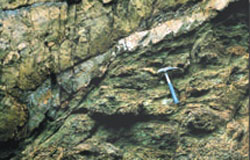 A pale band of rock shown running through a darker section of rock face
