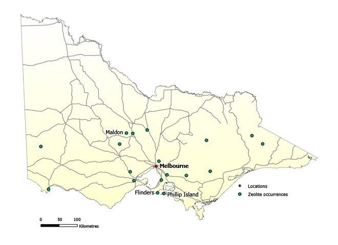 Map of Victoria showing eighteen zeolite occurrences. There are a few locations in the state's east and west, around Maldon and outside of Melbourne near Maldon, Flinders and Phillip Island.