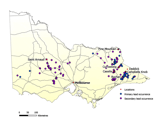 Map of Victoria showing primary lead occurrences mostly in the state's east. There are secondary occurrences to the north east of Melbourne and in the state's east and north east regions.