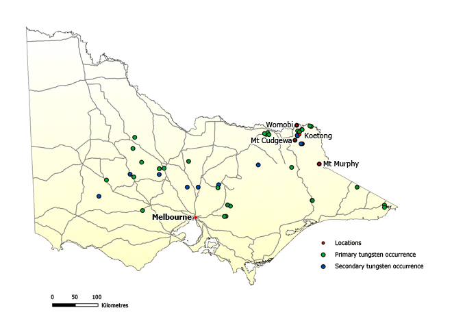Map of Victoria showing primary tungsten occurrences. They are sporadically located mainly in the north west, north and north east areas of the state.