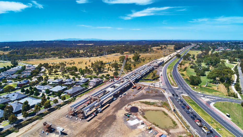 An aerial photo of a railway bridge being built.