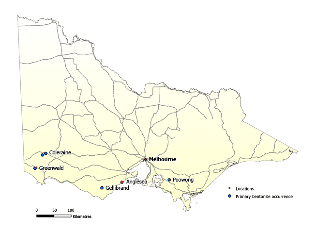 Map of Victoria showing primary bentonite occurrences near Coleraine, Greenwald, Gellibrand, Anglesea and Poowong.