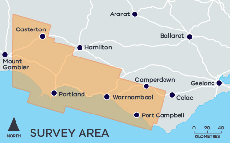 Map of Victoria showing the survey area. The area includes Portland, Warrnambool, Port Campbell and is bordered by Camperdown, Hamilton and Casterton.