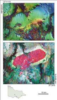 Two images of the Cobaw Batholith. One showing the magnetic intensity levels in green and red and one showing radiometric imagery showing a pink section displaying the contrast between the component granites.