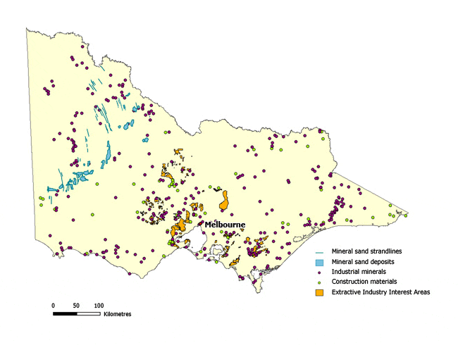 Map of Victoria showing occurrences of industrial minerals, mineral sand deposits, construction materials and extractive industry interest areas all throughout the state.