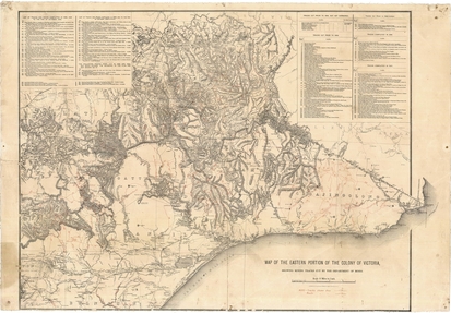Map of Eastern Victoria showing all town settlements, mountain ranges, waterways and other geological features