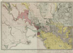 An old map showing the Melbourne area around the time of 1858 with geological features, the bay area and descriptions of local plant life and bed rock types