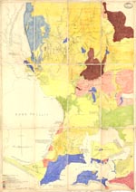 Old map of the Yarra River Basin and Western Port Bay showing geological features, waterways, Port Melbourne bay, descriptions of the bed rock and plant life in each area