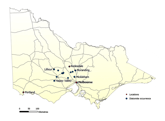 Occurrences of diatomite in Victoria Map of Victoria showing diatomite occurrences. There are about a dozen occurrences to the north west of Melbourne in an area surrounded by Happy Valley, Lillicur, Redesdale, Moranding, Mickleham. There is also an occurrence near Portland.