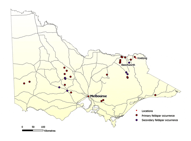 Occurrences of feldspar in Victoria Map of Victoria showing and secondary primary feldspar occurrences. The occurrences are mainly in an area north west of Melbourne and in the north east of the state around Beechworth and Koetong.