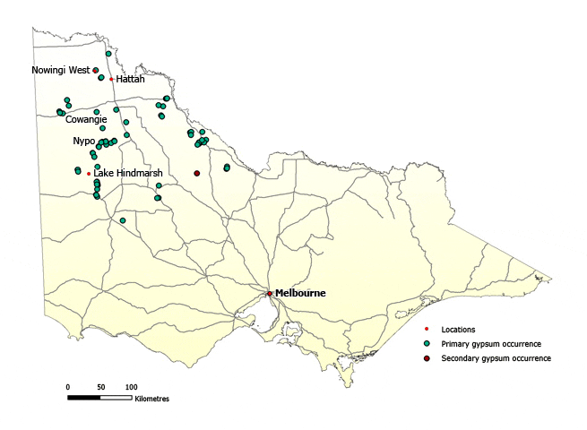Occurrences of gypsum in Victoria Map of Victoria showing approximately forty primary gymsum occurrences in the state's far north west near Lake Hindmarsh, Nypo, Cowangie, Nowingi West and Hattah. There are a couple of secondary occurences in this area as well.