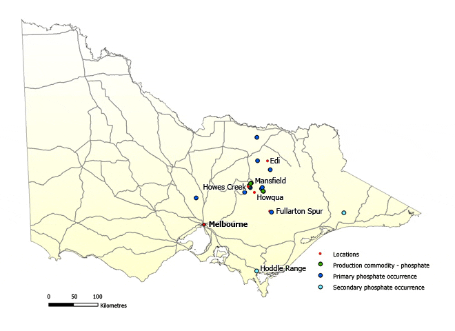 Occurrences of phosphate rock in Victoria Map of Victoria showing primary phosphate occurrences. There are about ten occurrences near Edi, Mansfield, Howqua and Fullarton Spur. There are a couple of secondary occurrences near Hoddle Range and in the state's east as well.