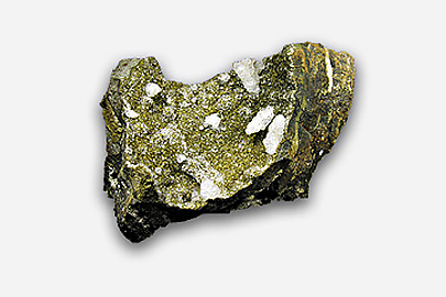 Analcime from Flinders, Victoria (Scale: 10 cm) A fragment of zeolite which is olive green in colour.