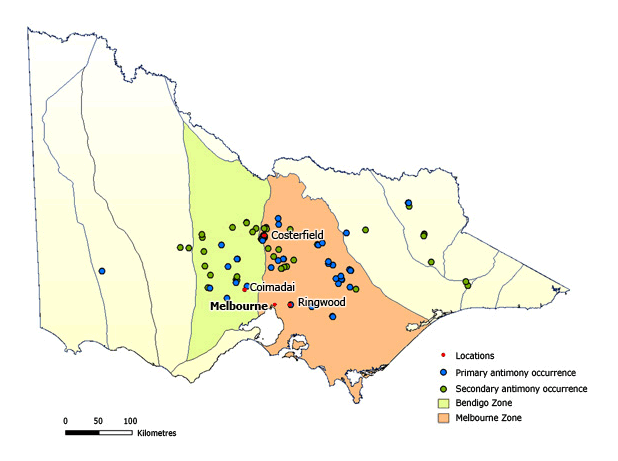 Antimony in Victoria Map of Victoria showing primary antimony sources being to the north east of Melbourne. Secondary sources of antimony are in locations to the north of Melbourne.
