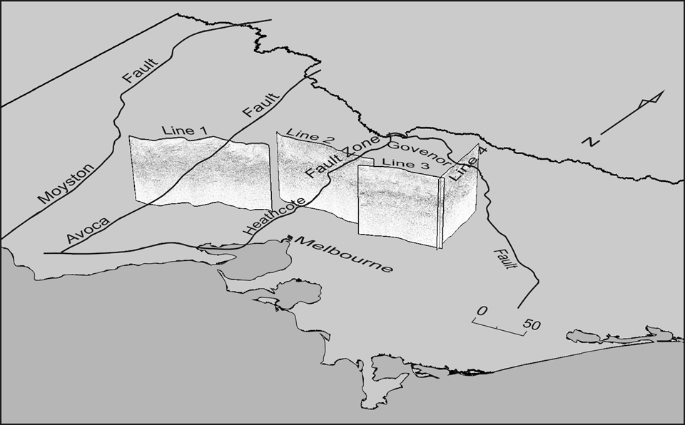 An oblique view of the four seismic lines acquired across central Victoria during the 2006 deep crustal reflection seismic survey An oblique view of the four seismic lines acquired across central Victoria during the 2006 Deep crustal reflection seismic survey - equivalent, in effect, to an 'ultrasound' scan more than 40km deep across the belly of the state