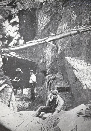 Miners working in an open cut shaft on the Maude and Homeward Bound Lease at Glen Wills, 1899. Miners working in an open cut shaft on the Maude and Homeward Bound Lease at Glen Wills, 1899. The Glen Wills goldfields in the High Country north of Omeo were opened up in the 1890s.
