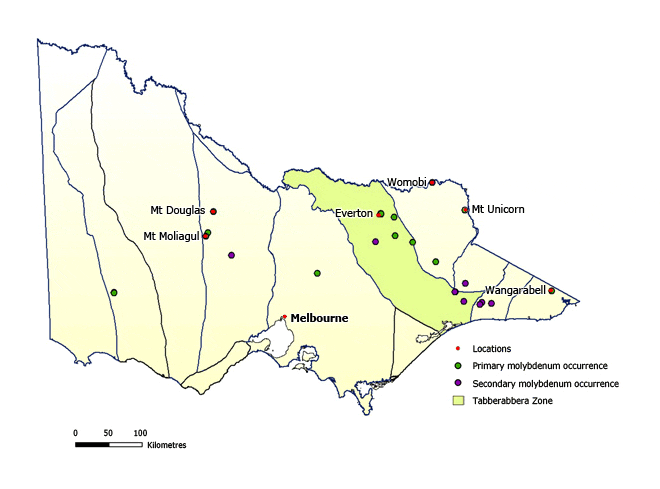 Occurrences of molybdenum in Victoria Map of Victoria showing primary molybdenum occurrences in the north east of the state. Secondary occurrences are generally in the east.