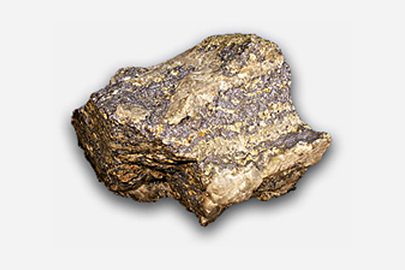 Molybdenum ore from Everton, Victoria (Scale: 20 cm) A fragment of molybdenum. It is brown and gold in appearance.