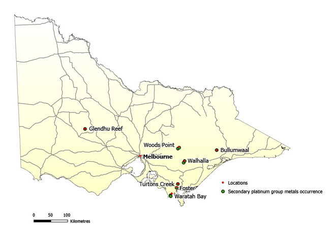 Map of Victoria showing occurrences of platinum group metals. Map of Victoria showing secondary occurrences of platinum group metals. They mainly occur in the State's east.