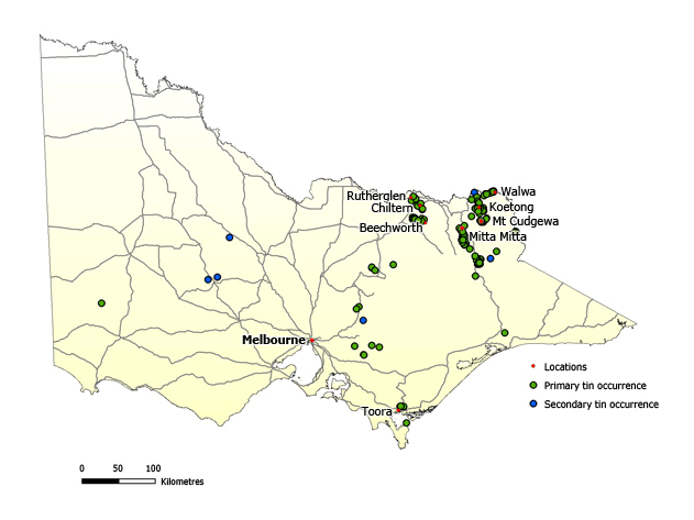 Map of Victoria showing occurrences of tin mostly to the east of Melbourne and north east of the state.