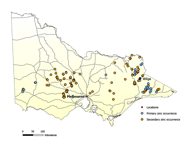 Occurrences of zinc in Victoria Map of Victoria showing primary zinc occurrences in the state's west but mostly in the state's east. There a quite a few secondary zinc occurrences to the north west of Melbourne and also to the east and north east of the state.