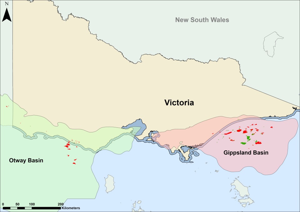 Map showing Victoria’s sedimentary basins, with gas fields in red and oil fields in green. Map showing Victoria’s sedimentary basins.
