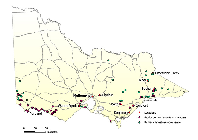 Limestone deposit sites across Victoria A map of Victoria showing locations of limestone deposits, including at Portland, Waurn Ponds, Lilydale, Tyers, Darriman, Longford, Bairnsdale, Buchan, Bindi and Limestone Creek