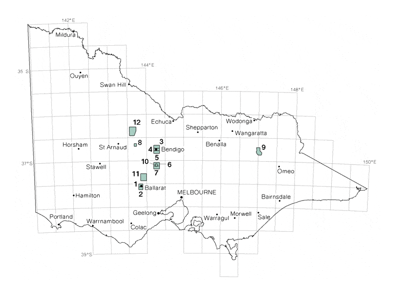 Map of Victoria showing major gold mining regions. These regions include Ballarat, Bendigo, Castlemaine, Berlin, Bright, Chewton, and Wedderburn.