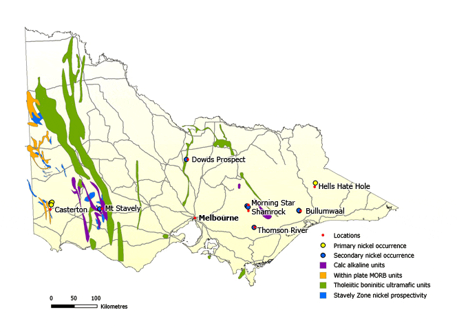 Map of Victoria showing primary nickel occurrences in the far west and far east of the state.