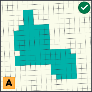 Labelled as Image 'A'. A complete shape made of colored graticular map sections on a grid. Each section shares at least one side with another, forming a continuous structure. The outer boundary is a single unbroken line. A green checkmark appears in the top right indicating an acceptable example.
