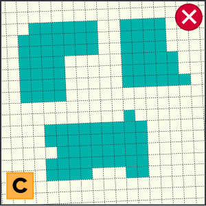 Image C shows a grid containing three distinct shapes made of coloured graticular blocks, which are separate and not connected. The outer boundary does not form a single continuous line. A red cross in the top right corner suggests the shape does not meet acceptance criteria.