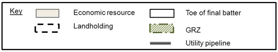 Key for GRZ brown is Economic resources, dashes are landholding, white is Toe of final batter, striped green is GRZ, three lines are Utility pipeline
