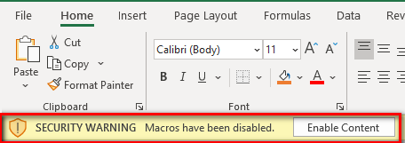 Screenshot of the macro security warning message