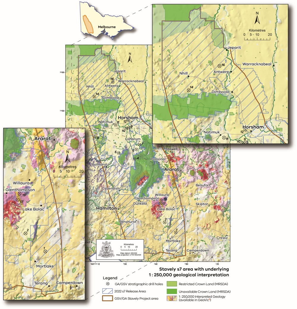Map showing Stavely region with 2022 section 7 release area with interpeted geology and crown land